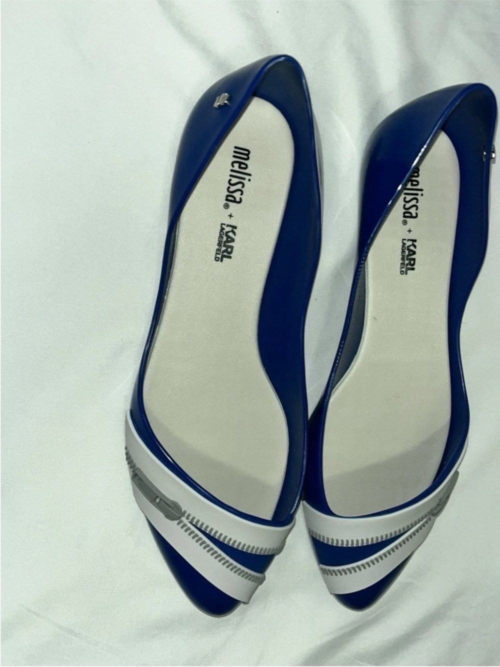 Melissa + Karl Lagerfeld Trippy Zip Ballet Flats blue white color combination. - Picture 2 of 5